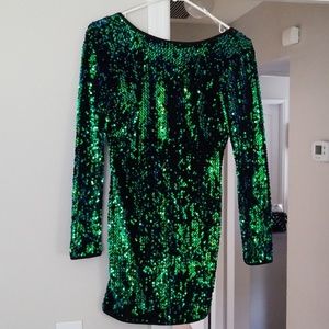 Blue green long sleeve sequin dress